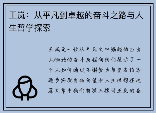 王岚：从平凡到卓越的奋斗之路与人生哲学探索